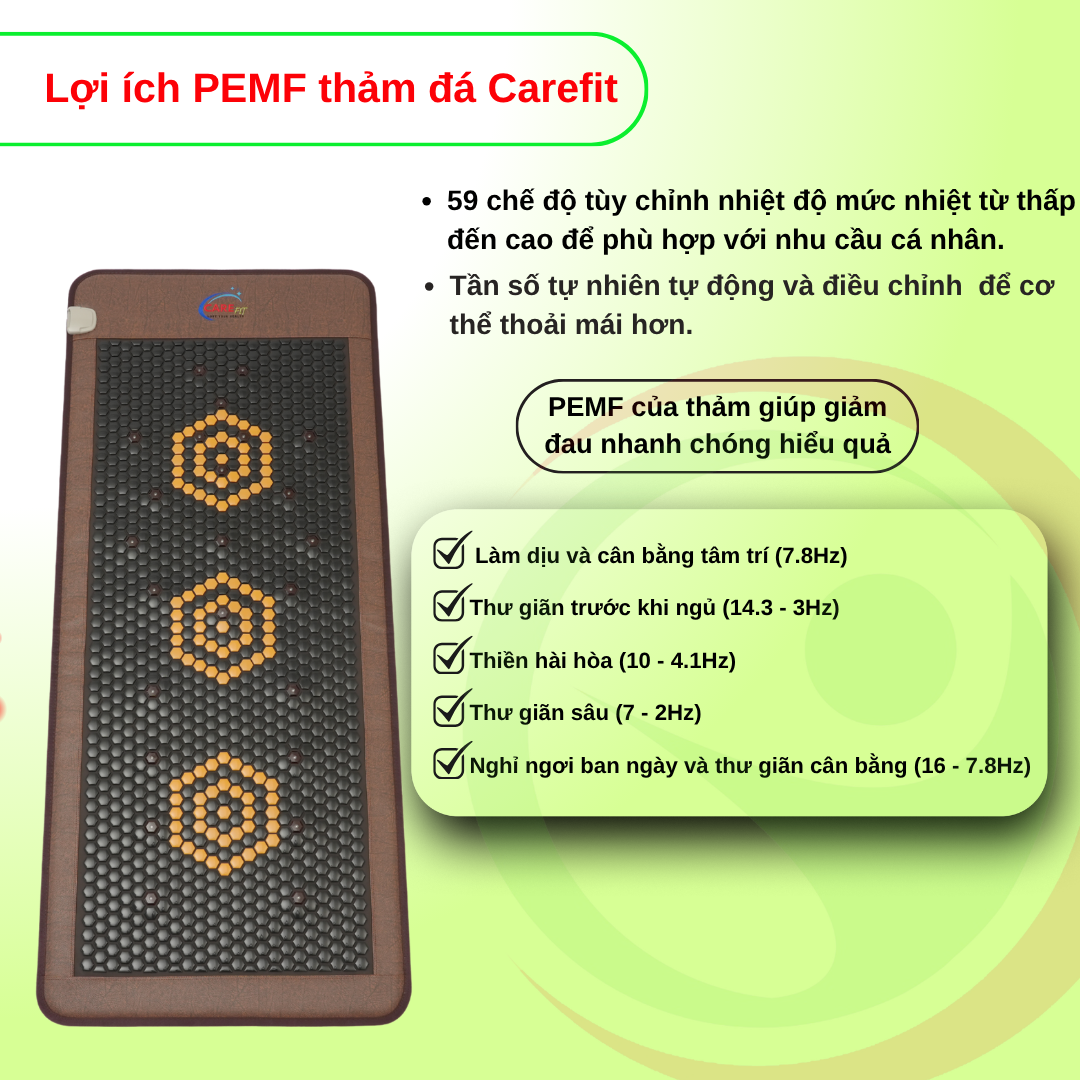 Nệm Đá Nóng Lục Giác Carefit CF-M80.PEMF 24 Đèn Nệm đá nóng Carefit M80 - Lợi ích PEMF thảm đá Carefit